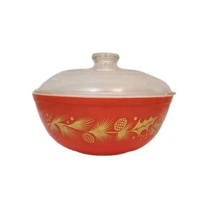 VTG 1960s Red Pyrex Golden Leaf Holly Pinecone Casserole Bowl 404 Lid 4Qt USA - Picture 1 of 21