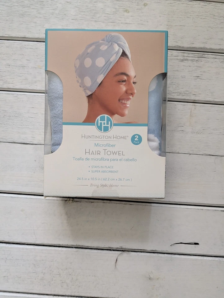 Pack de 2 envolturas de toallas para cabello de microfibra nuevas en caja azul y blanco Foto 1 de 2