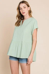 Cotton Bleu by Nu Lab Ruched Notched Short Sleeve Blouse - Picture 1 of 5