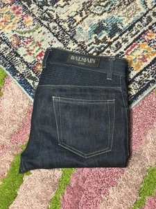 Premium Raw Denim Balmain Biker Jeans featuring signature moto ribbing, slim fit - Picture 1 of 11