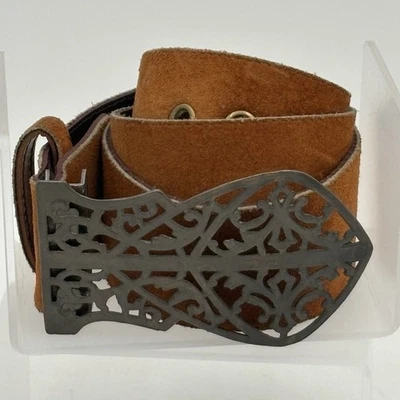 VTG Curate Cast 844 Ornate Cast Iron Belt Buckle Brown Suede Leather 36x1.75” - Image 1 of 4