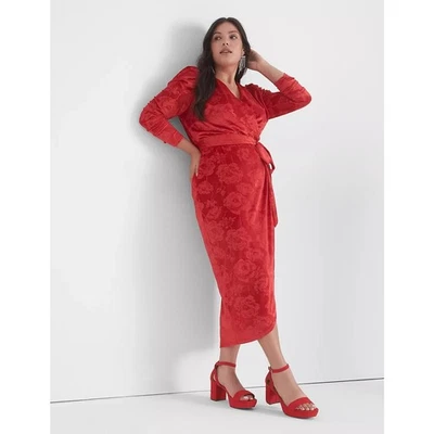 Lane Bryant Womens Dress Size 22 24 Puff Sleeve Embossed Velvet Midi Red Hostess - Image 1 of 4