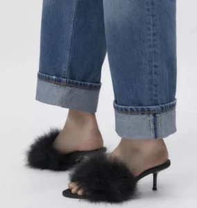ZARA BLACK HEEL MULES WITH FEATHERS Sz 39 - Picture 1 of 6