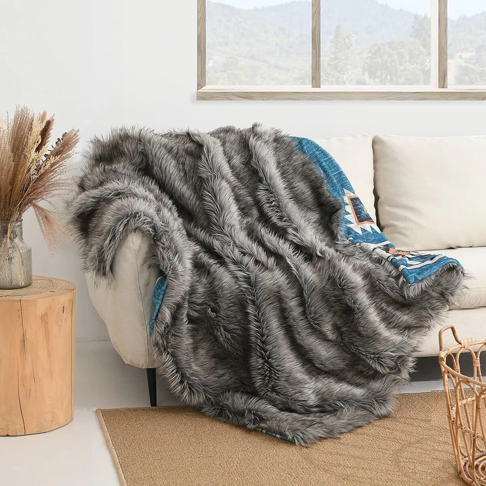 HORIMOTE HOME Luxury Plush Faux Fur Throw Blanket with Aztec Pattern, 50'' x 60'' Aztec Teal