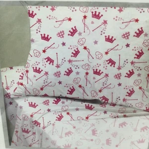 Girls Twin Size Sheet Set Fairy Stick Crown Hearts Design White Pink - Picture 1 of 12