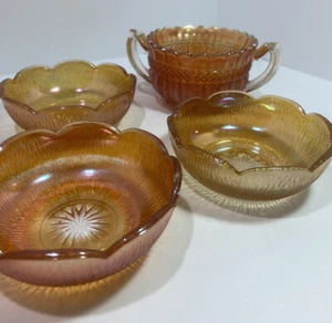 4 Vintage Iridescent Shimmer Orange Marigold Carnival Glass Dishes Scalloped - Picture 1 of 7