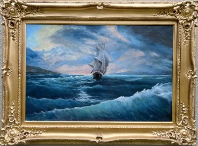 Pintura al óleo de artista ruso velero en paisaje marino de tormenta marco dorado ornamentado Foto 1 de 4