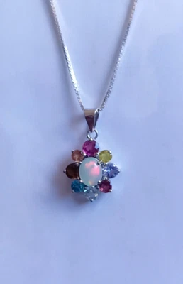 Ciondolo pietra preziosa multicolore opale argento sterling 925 gioielli a... - Immagine 1 di 4