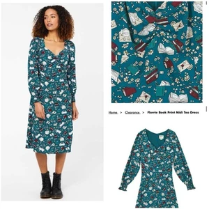 Joanie Florrie Buchdruck Midi Tee Kleid Damengröße 8 blau literarisch Retro neu mit Etikett - Bild 1 von 18