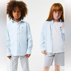 LACOSTE Kids' Striped Print Oxford Cotton Shirt Blue and White Size 5 - Picture 1 of 14