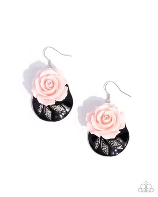 Paparazzi Rosy Rally - Pink - 3d Pink Acrylic Rose - Rhinestone - Black Paint Di - Image 1 of 4
