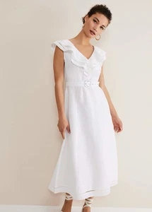 Phase Eight Julieta Linen Ruffle Broderie Belted Midi Dress Size 10 RRP £119 - Picture 1 of 10