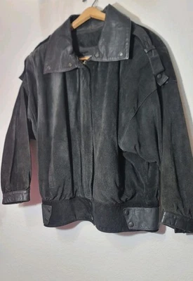 De Colección Y2K Comint Suave Negro Gamuza Cuero Moto Bomber Chaqueta Cremallera Completa Pequeña  Foto 1 de 4
