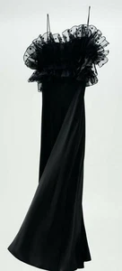 NUEVO CON ETIQUETAS VESTIDO NEGRO LARGO SEDA SATINADO ZARA CON VOLANTES DE ORGANZA LUNARES TALLA XS - Imagen 1 de 10