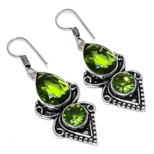 Green Peridot Gemstone Handmade 925 Sterling Silver Jewelry Earring Size 1.9" - Picture 1 of 1