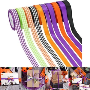 Halloween Wrapping Ribbon Assorted 3/8 inch Gingham Ribbon Satin Grosgrain Bu... - Picture 1 of 7