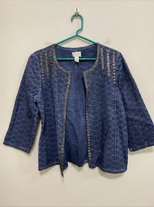 Chico's Medium Open Beaded BOHO Embroidered Jacket Blue Cotton - Picture 1 of 7
