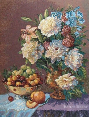 TAPIZ TEJIDO JACQUARD DE PARED Peonía Flores y Frutas PÚRPURA DECORACIÓN EUROPEA Foto 1 de 2