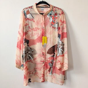 New CITRON Santa Monica 3XL Plus Pink Sheer Silk Asian Print Blouse Tunic Top - Picture 1 of 9