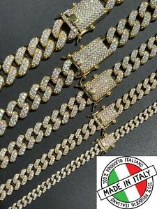 Real Miami Cuban Link Chain Iced CZ Gold Plated 925 Silver Necklace Hip Hop