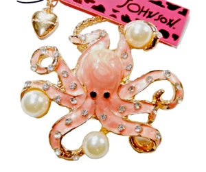 OCTUPUS NECKLACE Betsey Johnson PINK ENAMEL Pendant PEARLS & CRYSTAL Pendant 27" - Picture 1 of 3