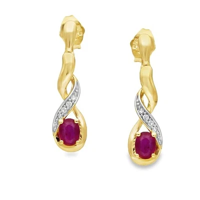 9ct Yellow Gold Diamond & Ruby Drop Earrings - 0.03ct - Image 1 of 4
