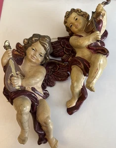 Vintage 2er Set handbemalte Form Kunststoff Cherubs Engel Ornamente 6 Zoll - Bild 1 von 4