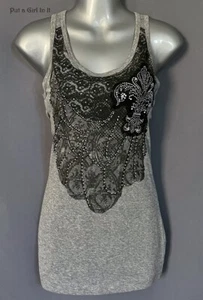 New VOCAL Womens CRYSTAL GRAY BLACK FLEUR DE LIS LACE TANK TOP SHIRT S M L XL - Picture 1 of 4