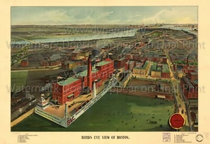 Vintage Map Bird's eye view of Boston 1906 USA POSTER PRINT WALL DECOR - Picture 1 of 1