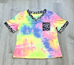 Neon Tie-Dye Colored V-Neck Short Sleeve Shirt w/Animal Print Pocket Size XLarge - Picture 1 of 3