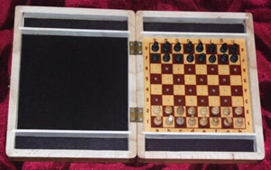 Vintage  wooden TravelChess set with original folding board Original Soviet 1980 - Picture 1 of 20