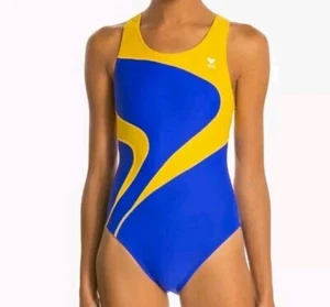 Mädchen Neu mit Etikett neu TYR Durafast Maxfit Alliance Splice blau gold Badeanzug 22 6/6X - Bild 1 von 4