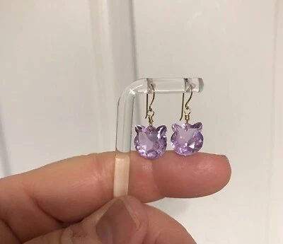 14K Gold Cat Dangle Earrings – Simulated Pink Amethyst Briolette 11mm Gemstones - Image 1 of 4