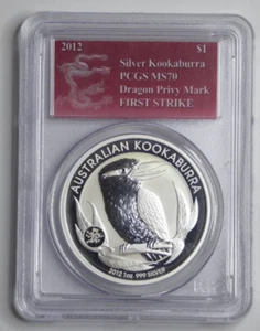 2012 Australia $1 Kookaburra 1oz .999 Silver First Strike Dragon Privy PCGS MS70 - Picture 1 of 4