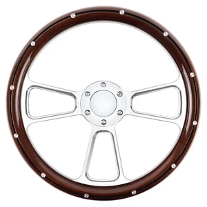 350mm Universal Racing Steering Wheel 6-Bolt Silver Rivet Wood With Horn - Picture 1 of 6