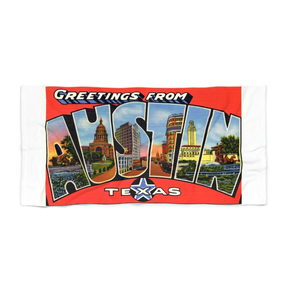 Toalla de baño de playa Austin Texas para piscina ~ Saludos históricos arte vintage, hecha en EE. UU. Foto 1 de 1