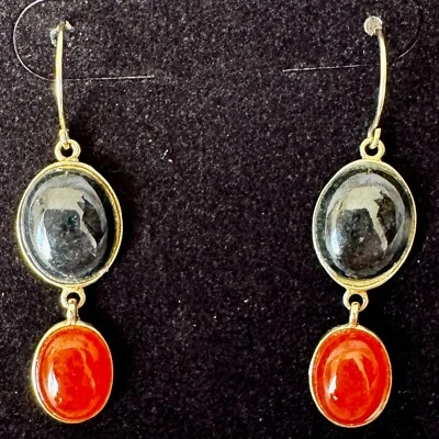Vintage 14K Yellow Gold Burnt Orange Agate And Gray Labradorite Dangle Earrings - Image 1 of 4