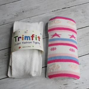 Trimfit Girl's Knit Tights Youth Size 4-6 White Pink Blue Stars Hearts Stripes - Picture 1 of 5