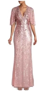 Aidan Mattox V-Neck Flutter Sleeve Pink Sequin Gown Dress - size 4 - retail $550 - Picture 1 of 8