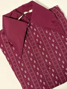 Vintage 60s 70s Disco Shirt Dagger Point Collar Mens Medium Dark Red Geometric - Picture 1 of 16