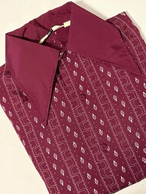 Vintage 60s 70s Disco Shirt Dagger Point Collar Mens Medium Dark Red Geometric - Image 1 of 4