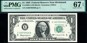 1963 1900-E $1 Richmond Federal Reserve Note • PMG 67 EPQ E-B Block ((TOP POP)) - Picture 1 of 2