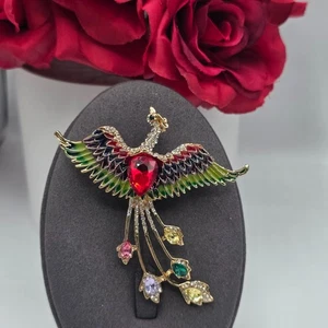Stunning Phoenix Bird Brooch Rhinestone Enamel Gem Accents Gold Tone Pin  - Picture 1 of 9