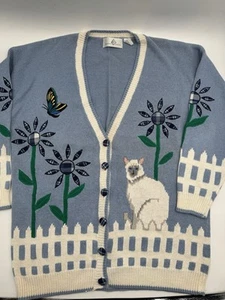 Vintage Design Options Knit Ugly Sweater Womens XL Cats Fence Flowers - Picture 1 of 5
