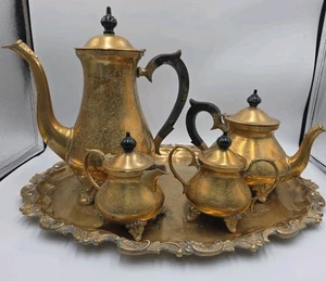 Vtg Ornate Solid Brass 6 Piece Coffee & Tea Serving Set Creamer, Sugar & Tray - Picture 1 of 11