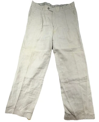 Pantalones para hombre Ermenegildo Zegna 100 % lino plisados puños beige tostado 38x32 Foto 1 de 4