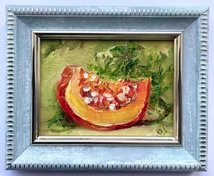 Half a Pumpkin Still Life Vegetables Original oil painting mini art 3x2.5 in - Picture 1 of 6