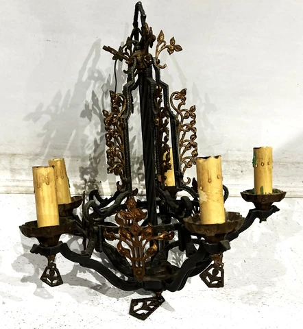 Antique BRONZE & IRON AMERICAN GOTHIC 5-Light ELECTRIC HANGING FIXTURE 18 in dia Cover