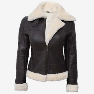 Women's Brown Real Leather Aviator Jacket Fur Coat Sheepskin Warm Winter Flight - Picture 1 of 6