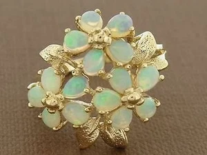 R192- Genuine 9ct SOLID GOLD Natural Opal Large BLOSSOM Bouquet Ring size M - Picture 1 of 5